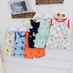 Bộ ba lỗ Minky vải thun cotton viền màu nền họa tiết size nhỏ 90-120 size đại 130-150