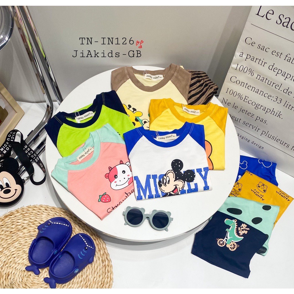 shopee-sg-11134201-2211.jpg Bộ cộc tay Minky vải thun lạnh họa tiết thú quần lửng size 90-130 cho bé - Image 1