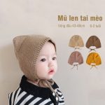 Mũ Nón len cho bé tai mèo có dây buộc kiểu Hàn Quốc (có ảnh thật)