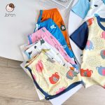 Bộ cộc Minky thun lạnh áo cổ trụ phối màu viền họa tiết in rơi size nhỏ 80-120 cho bé - Image 3