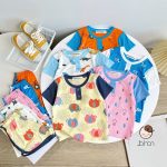 Bộ cộc Minky thun lạnh áo cổ trụ phối màu viền họa tiết in rơi size nhỏ 80-120 cho bé - Image 5