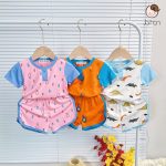 Bộ cộc Minky thun lạnh áo cổ trụ phối màu viền họa tiết in rơi size nhỏ 80-120 cho bé - Image 6
