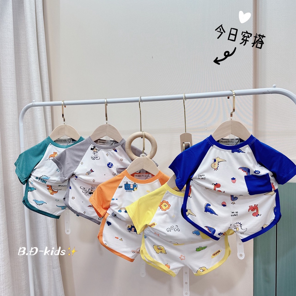 shopee-sg-11134201-2301.jpg Bộ cộc Minky thun lạnh áo raglan phối túi quần vạt bầu size nhỏ 80-120 size đại 130-150 cho bé - Image 1