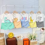 Bộ cộc Minky thun lạnh áo trắng in hình quần caro size nhỏ 80-120 cho bé
