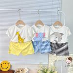 Bộ cộc Minky thun lạnh áo trắng in hình quần caro size nhỏ 80-120 cho bé - Image 3