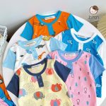 Bộ cộc Minky thun lạnh áo cổ trụ phối màu viền họa tiết in rơi size nhỏ 80-120 cho bé - Image 2