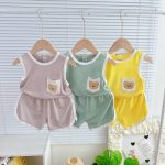 Minky bộ ba lỗ sọc màu nude túi thêu gấu cho bé size nhí 80-120 - Image 3