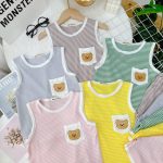 Minky bộ ba lỗ sọc màu nude túi thêu gấu cho bé size nhí 80-120 - Image 4