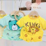 Bộ cộc Minky áo in dẻo hình thú quần in rơi vàng sư tử size nhí 80-120 và size đại 130-150 cho bé - Image 6