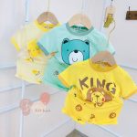Bộ cộc Minky áo in dẻo hình thú quần in rơi vàng sư tử size nhí 80-120 và size đại 130-150 cho bé - Image 5