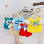Bộ cộc Minky cổ viền tay trắng họa tiết to xanh shark size nhí 80-120 cho bé - Image 2