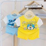 Bộ cộc Minky cổ viền tay trắng họa tiết to xanh shark size nhí 80-120 cho bé - Image 4