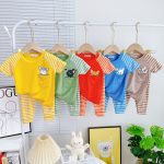 Bộ áo ngắn quần dài Minky raglan sọc phối túi ngực có thú size nhí 80-120 cho bé