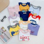 Áo thun lẻ Minky raglan tay dài hình bé trai bé gái có size 90-130 cho bé