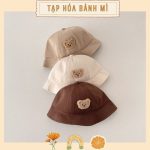 Nón vành bucket vành tròn thêu gấu có dây quai cho bé đi chơi